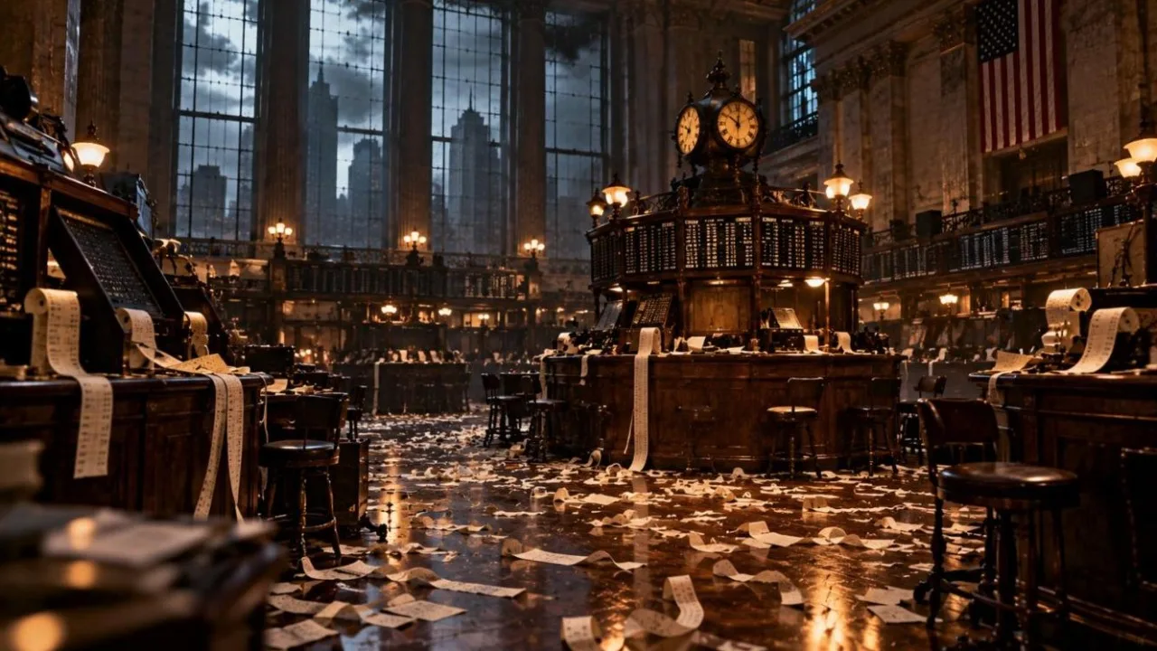 Empty 1920s stock exchange floor with scattered ticker tape paper and stormy light through tall windows