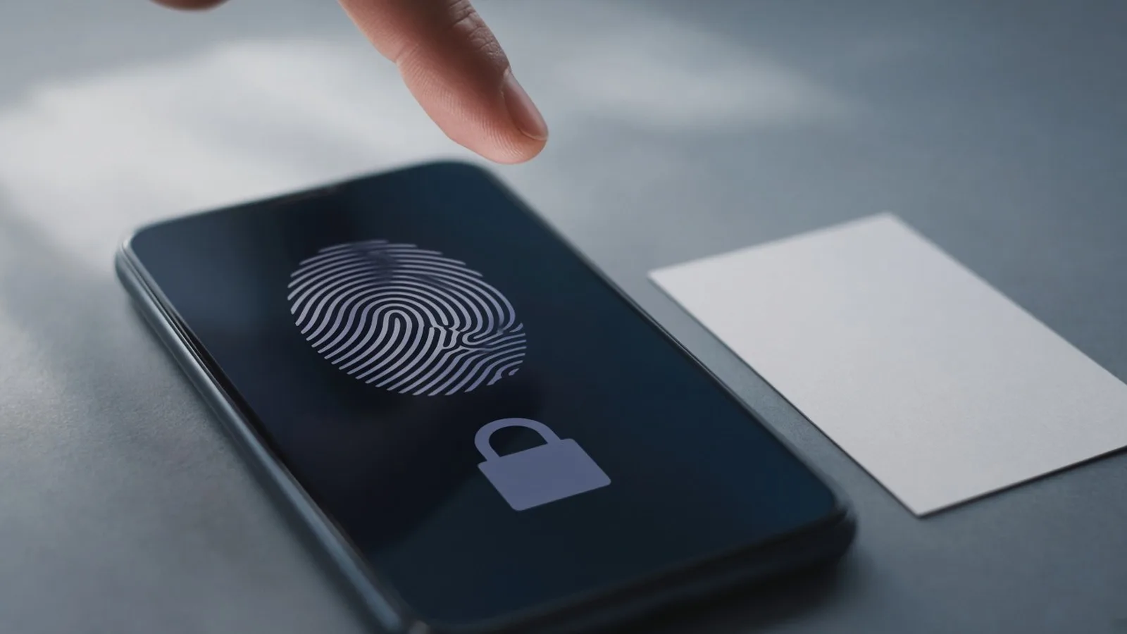 Fingertip above a phone showing a fingerprint symbol and a padlock, a blank card beside it