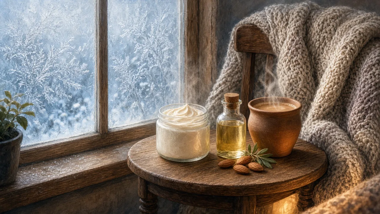 Editorial illustration of a cosy winter scene with a knitted shawl, a jar of rich body cream and a cup of hot chai by a frosty window