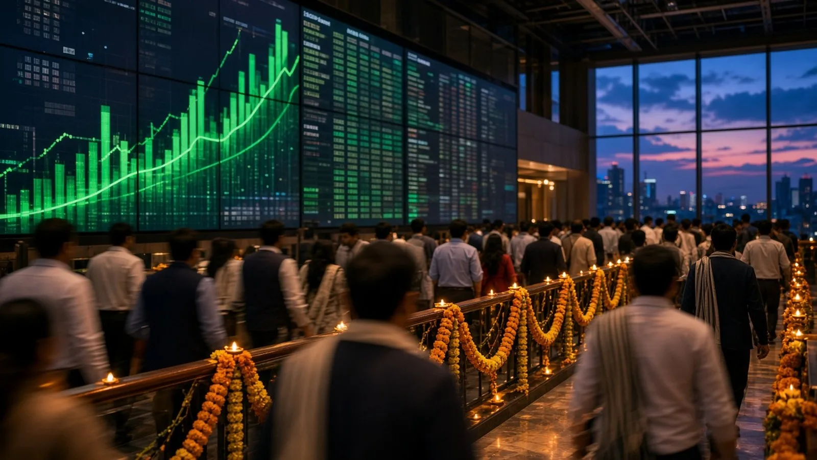 A busy stock exchange hall at dusk with large screens showing rising green market charts and a railing decorated with marigold garlands and oil lamps