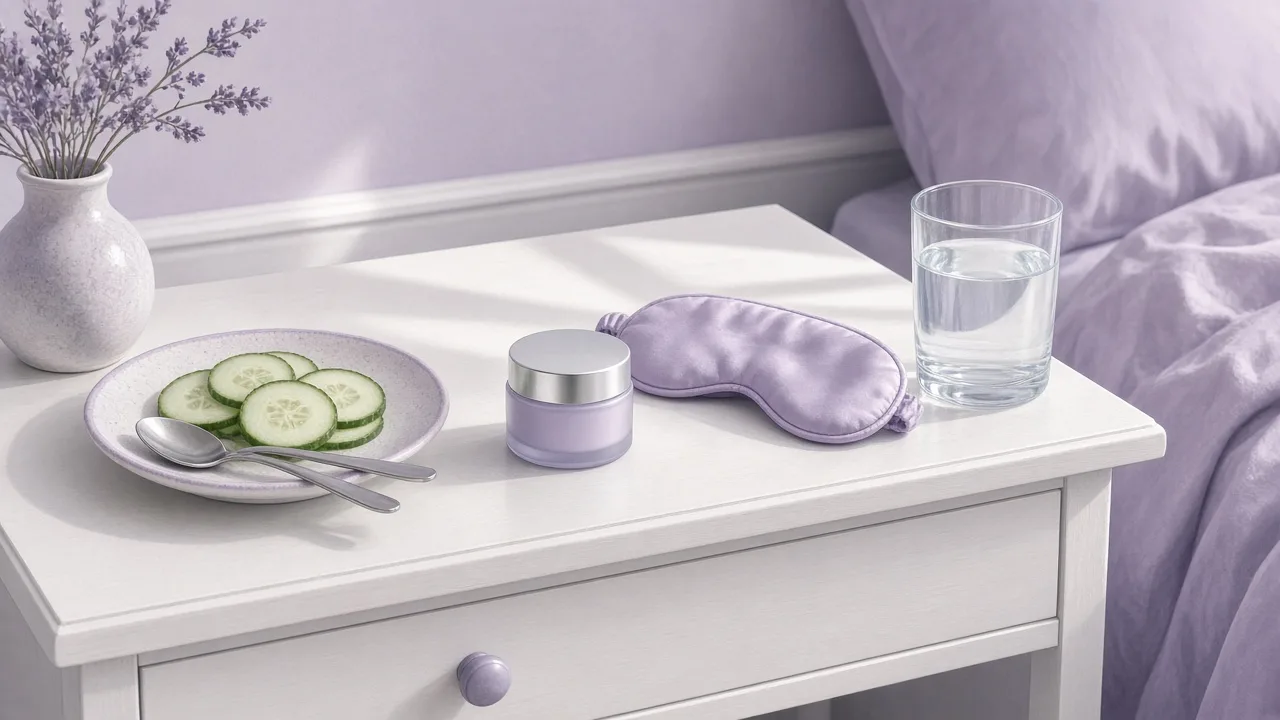 Editorial illustration of chilled cucumber slices, two cold steel spoons, an eye cream jar and a sleep mask on a bedside table