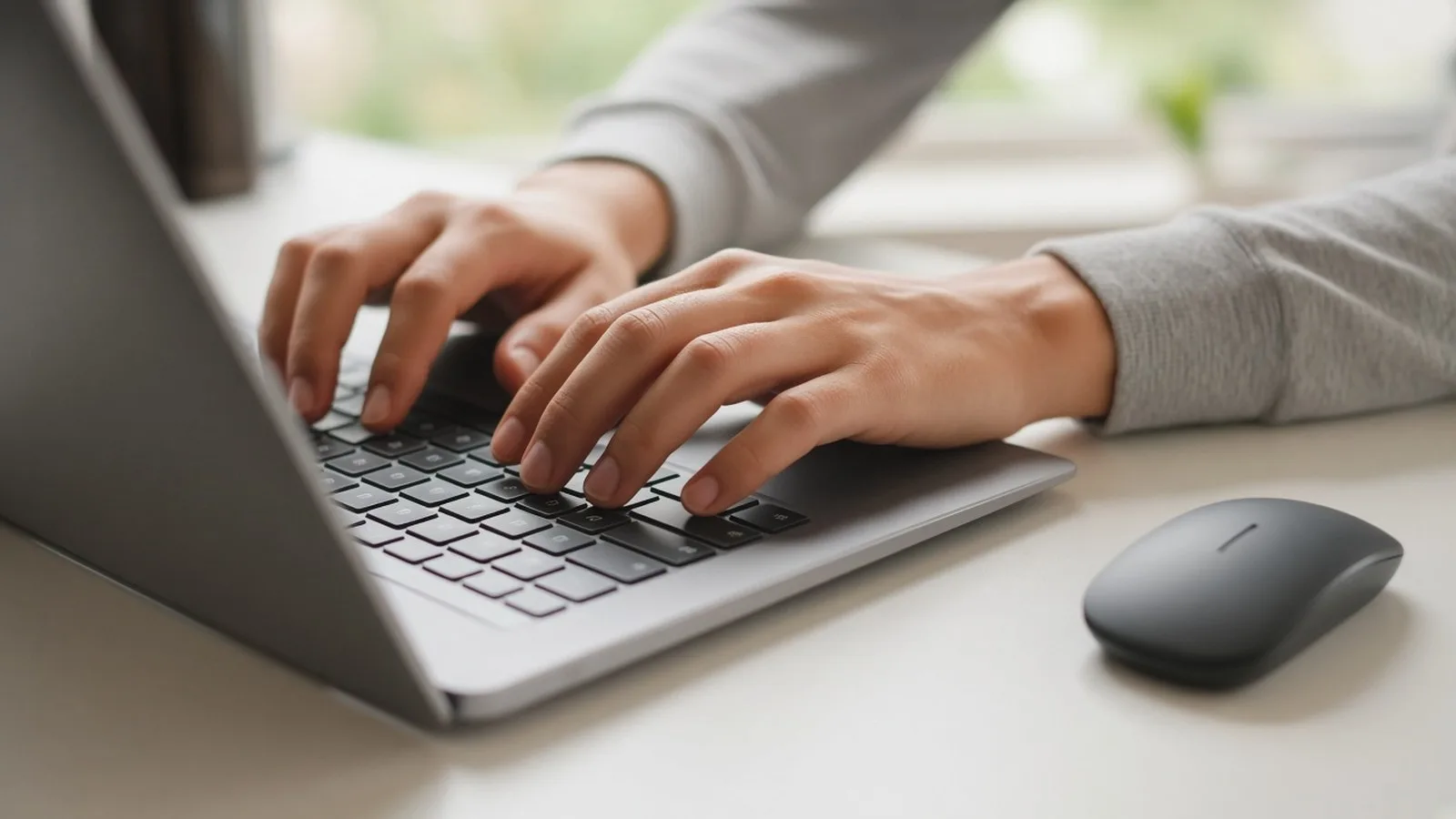 Hands typing on a laptop keyboard with a wireless mouse beside it on a clean desk