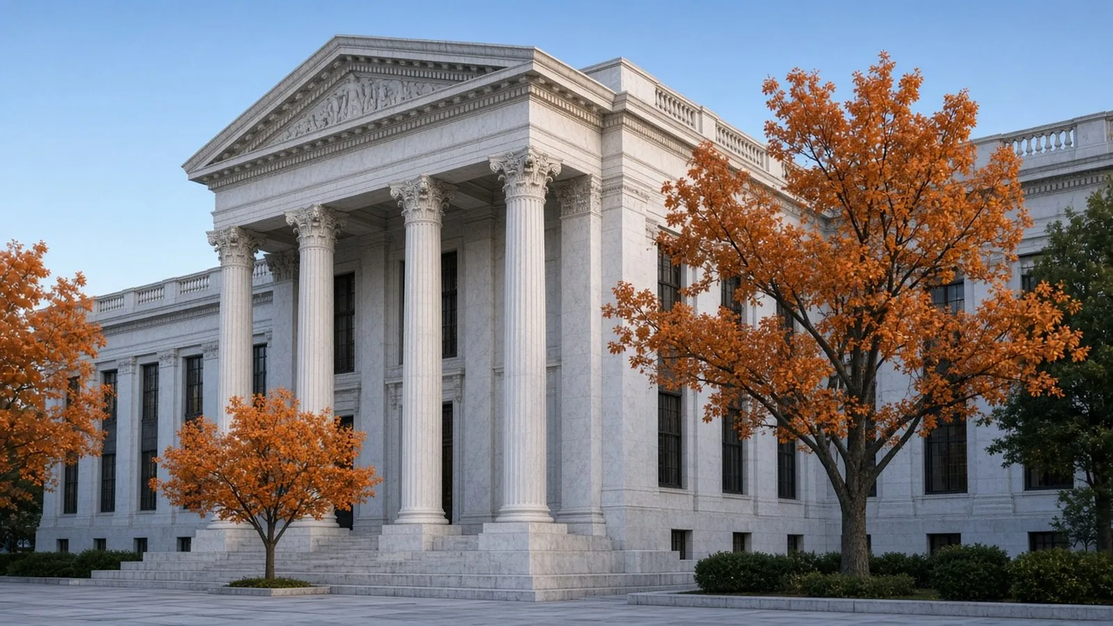 A white marble neoclassical building with tall columns under a blue morning sky, framed by orange autumn trees
