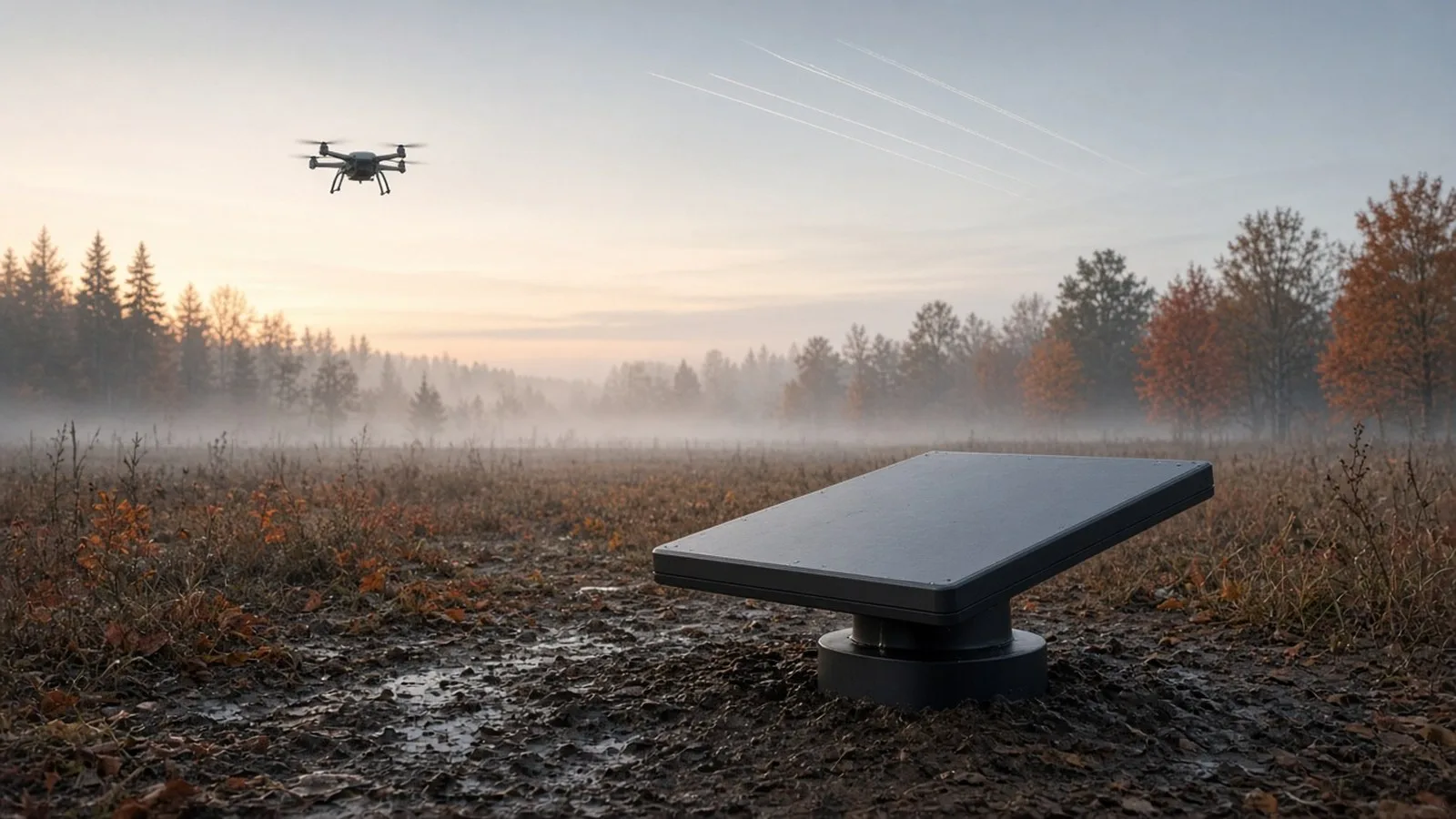 A flat satellite internet terminal on muddy ground in a misty autumn field at dawn, with a small drone hovering above the treeline