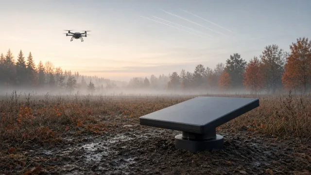 A flat satellite internet terminal on muddy ground in a misty autumn field at dawn, with a small drone hovering above the treeline