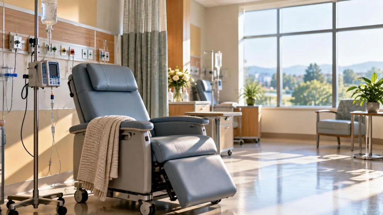 An empty hospital infusion chair and IV stand beside a sunny window