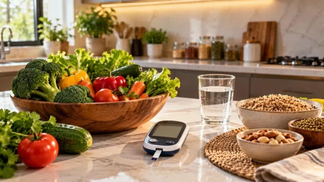 Glucose meter with fresh vegetables and whole grains on a kitchen counter