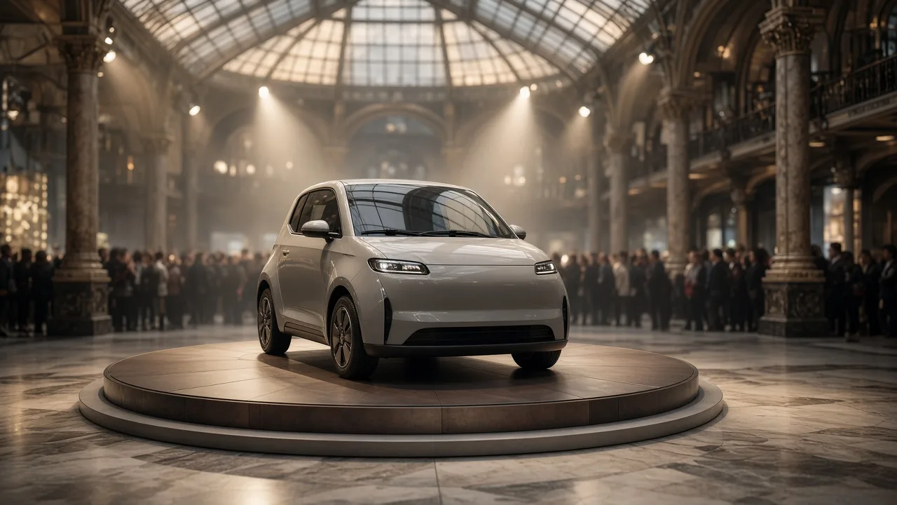 A motor show hall with a small rounded retro-styled electric car under spotlights and visitors' silhouettes in the background