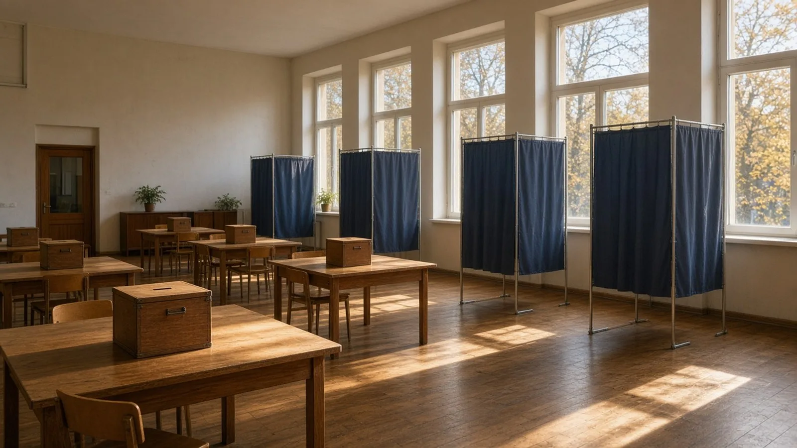 An empty school hall set up as a polling station, with wooden ballot boxes on tables and curtained voting booths lit by autumn sunlight