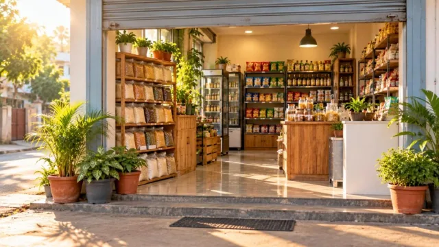 Small Indian shop front opening in the morning with neat shelves
