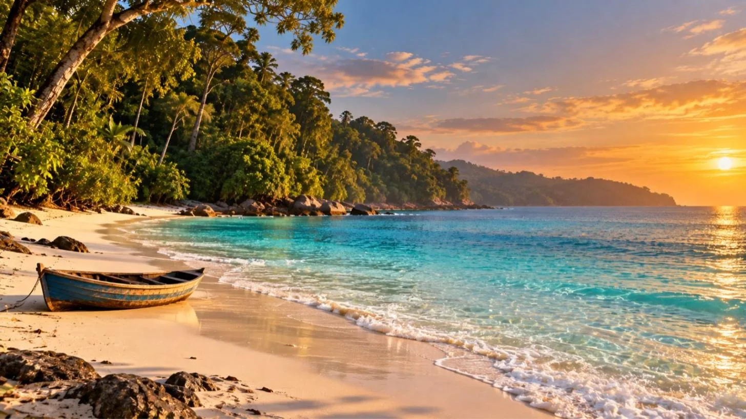 Radhanagar Beach on Havelock Island in the Andamans with white sand, turquoise water and tall forest trees