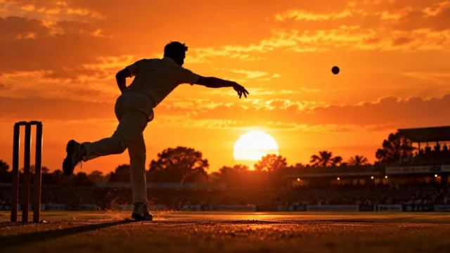 An off-spinner silhouette releasing a red ball against a bright orange sunset over a cricket ground