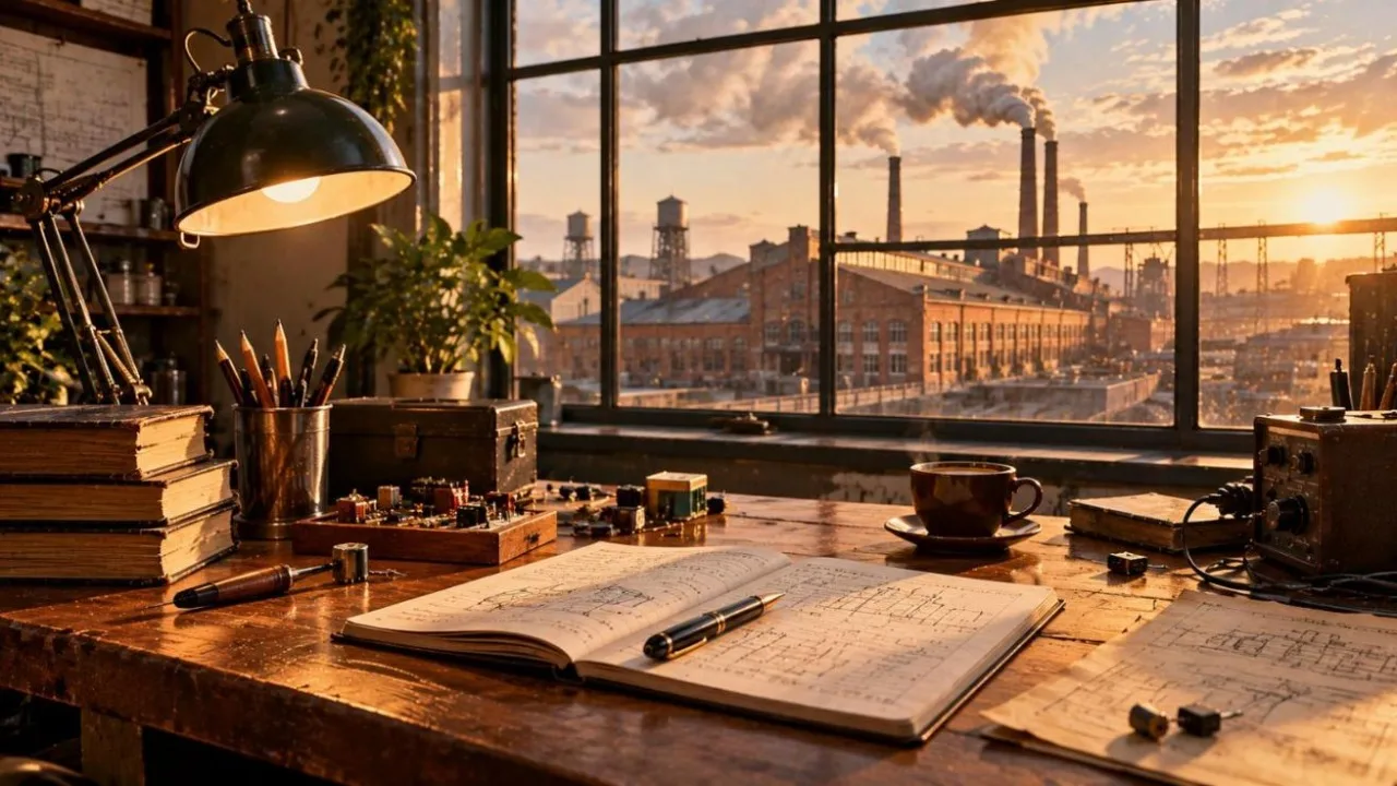 Researcher reviewing notes and product samples at a desk beside a window overlooking a factory