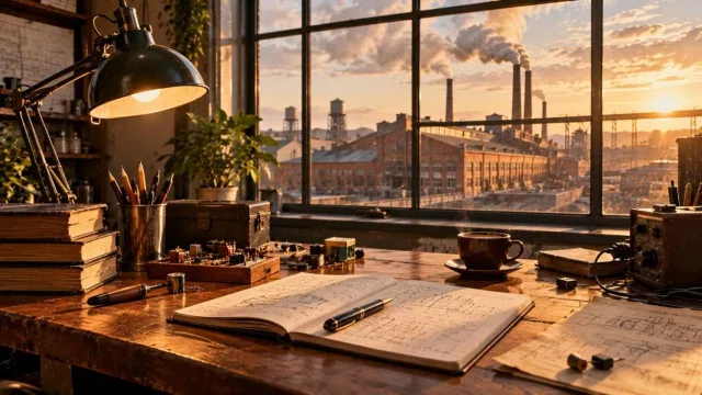 Researcher reviewing notes and product samples at a desk beside a window overlooking a factory