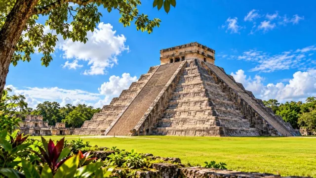 The El Castillo stepped pyramid at Chichen Itza under a bright blue sky