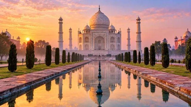 The Taj Mahal at sunrise reflected in the long pool of its Mughal garden