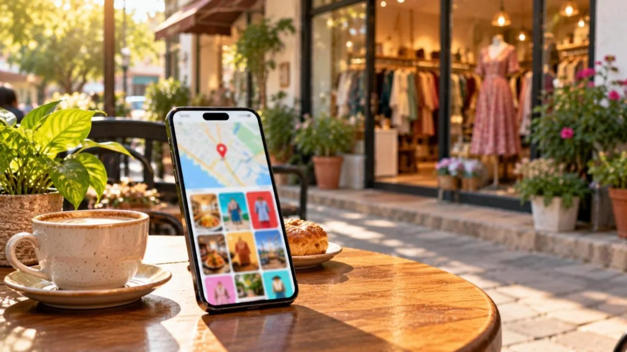 Smartphone on a cafe table with a map pin and a boutique storefront behind