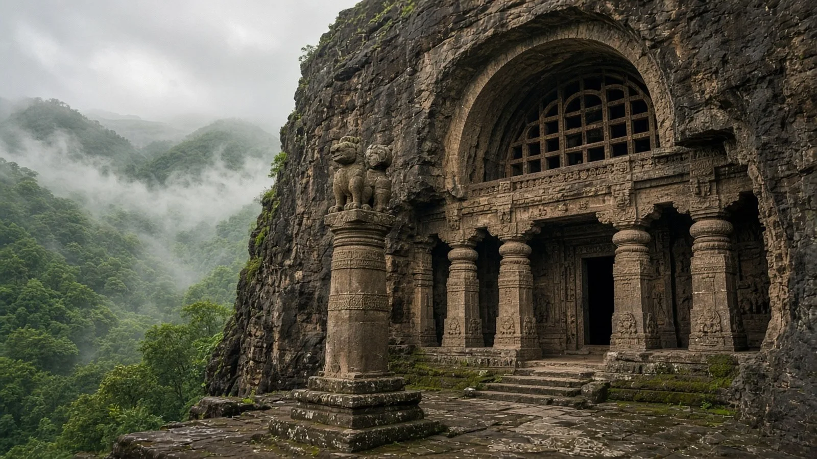 Exterior of a Karla-style rock-cut Buddhist chaitya cave in a basalt cliff, with a large horseshoe arched window over a carved pillared facade, a lion-topped stone pillar in front and misty green mons