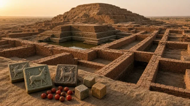 Excavated red-brick ruins of an Indus Valley city at golden hour with covered drains, a stepped bath tank, steatite seals, carnelian beads and cubic stone weights