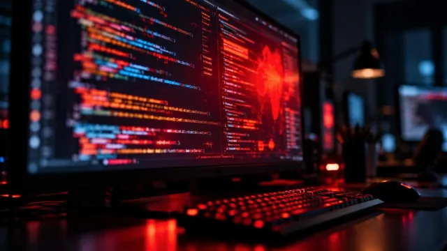 Lines of glowing code on a dark computer screen with a red security warning glow