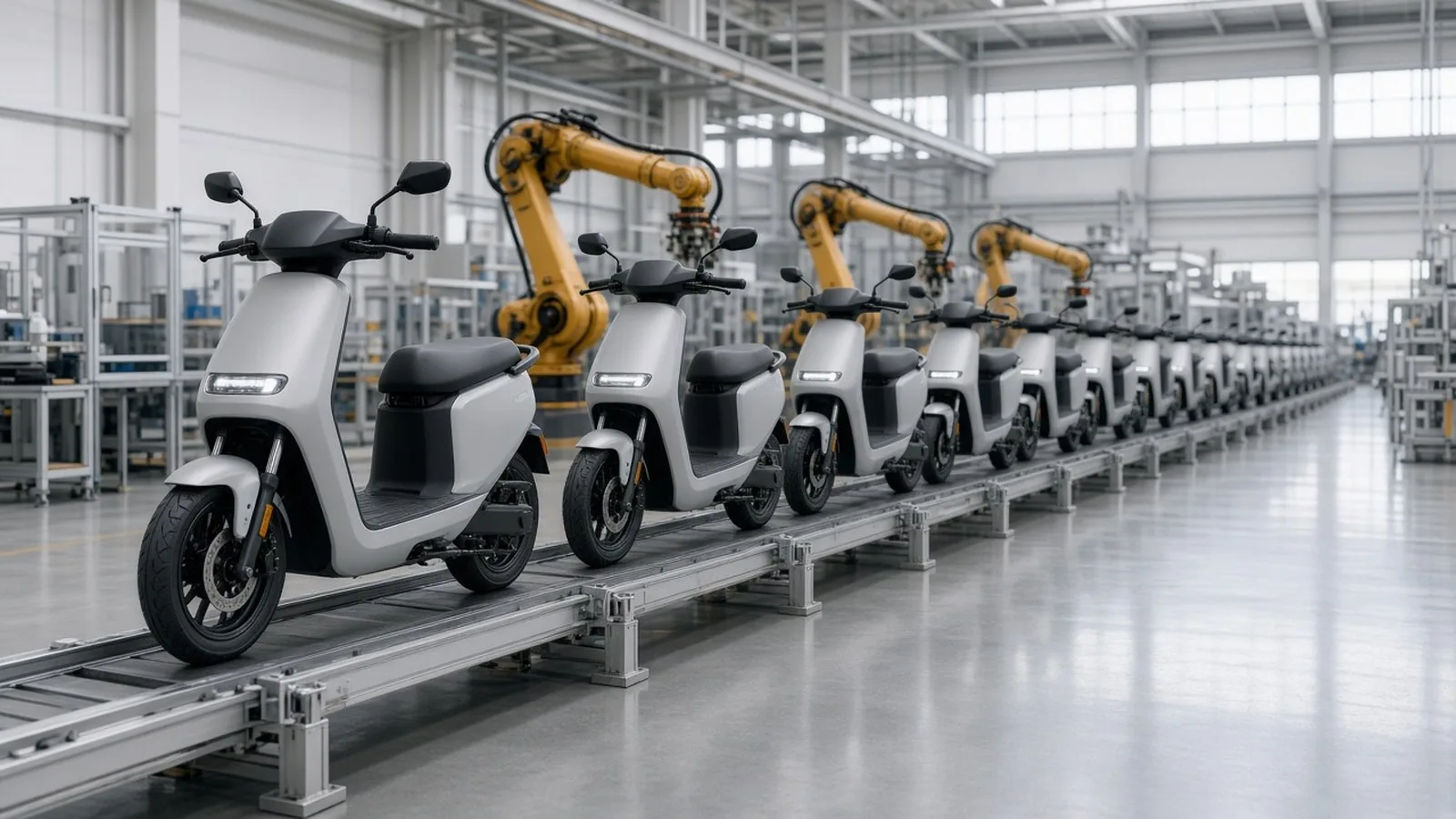 A row of plain grey electric scooters on a factory assembly line, with yellow robotic arms and bright windows in the background