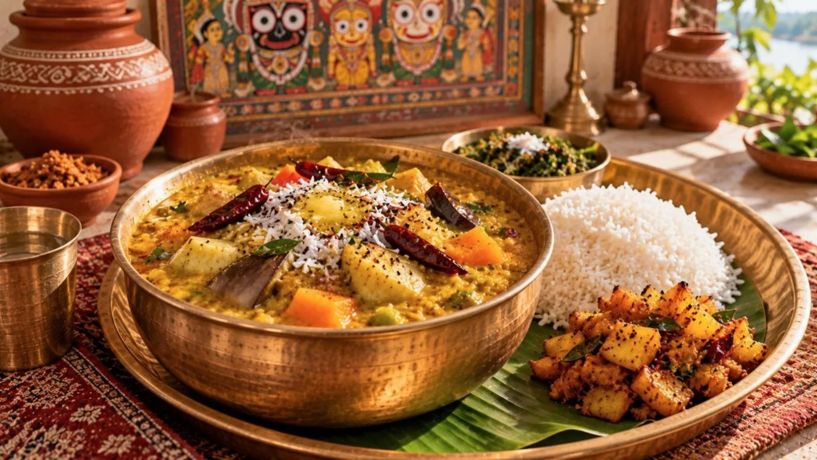 Odia dalma with vegetables and ghee served with rice in a bell-metal bowl