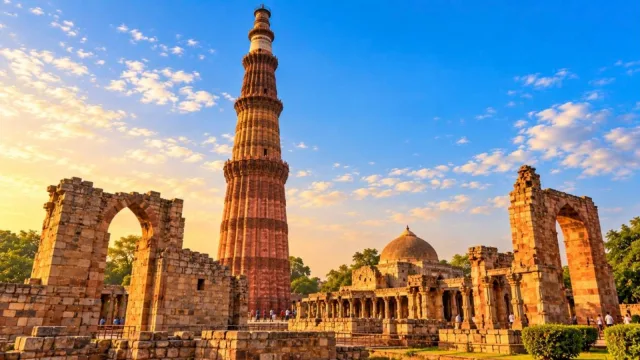 The fluted red sandstone Qutub Minar tower rising above ruins in Delhi at golden hour