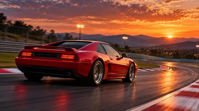 Red wedge-shaped supercar speeding on a racetrack at dusk