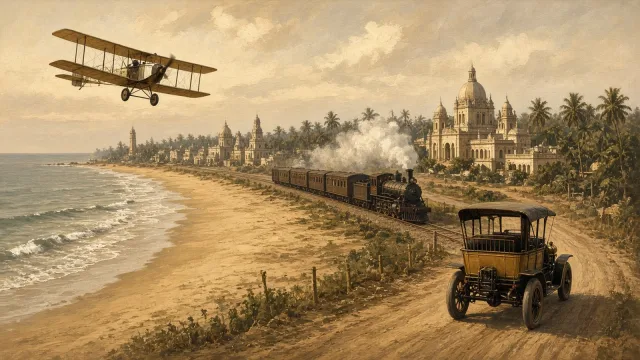 A vintage biplane flies over a sandy colonial-era Madras beach while a steam train and an early open car travel past palm trees and domed buildings