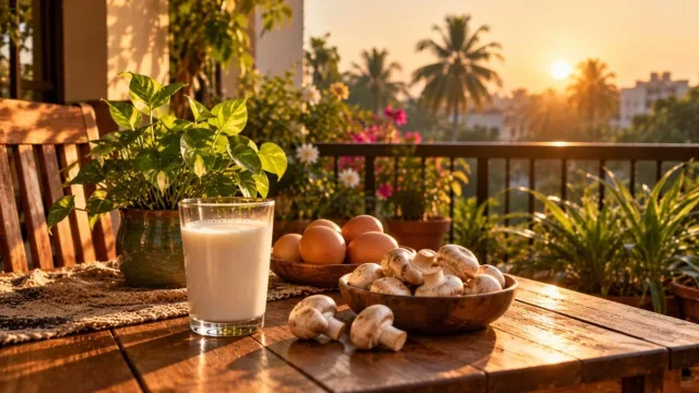 Morning sunlight on a balcony table with milk, eggs and mushrooms