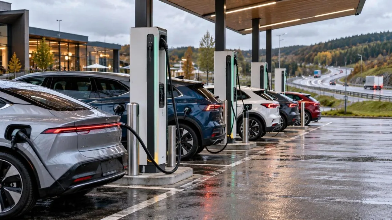 Rows of new electric cars charging at a European motorway charging hub