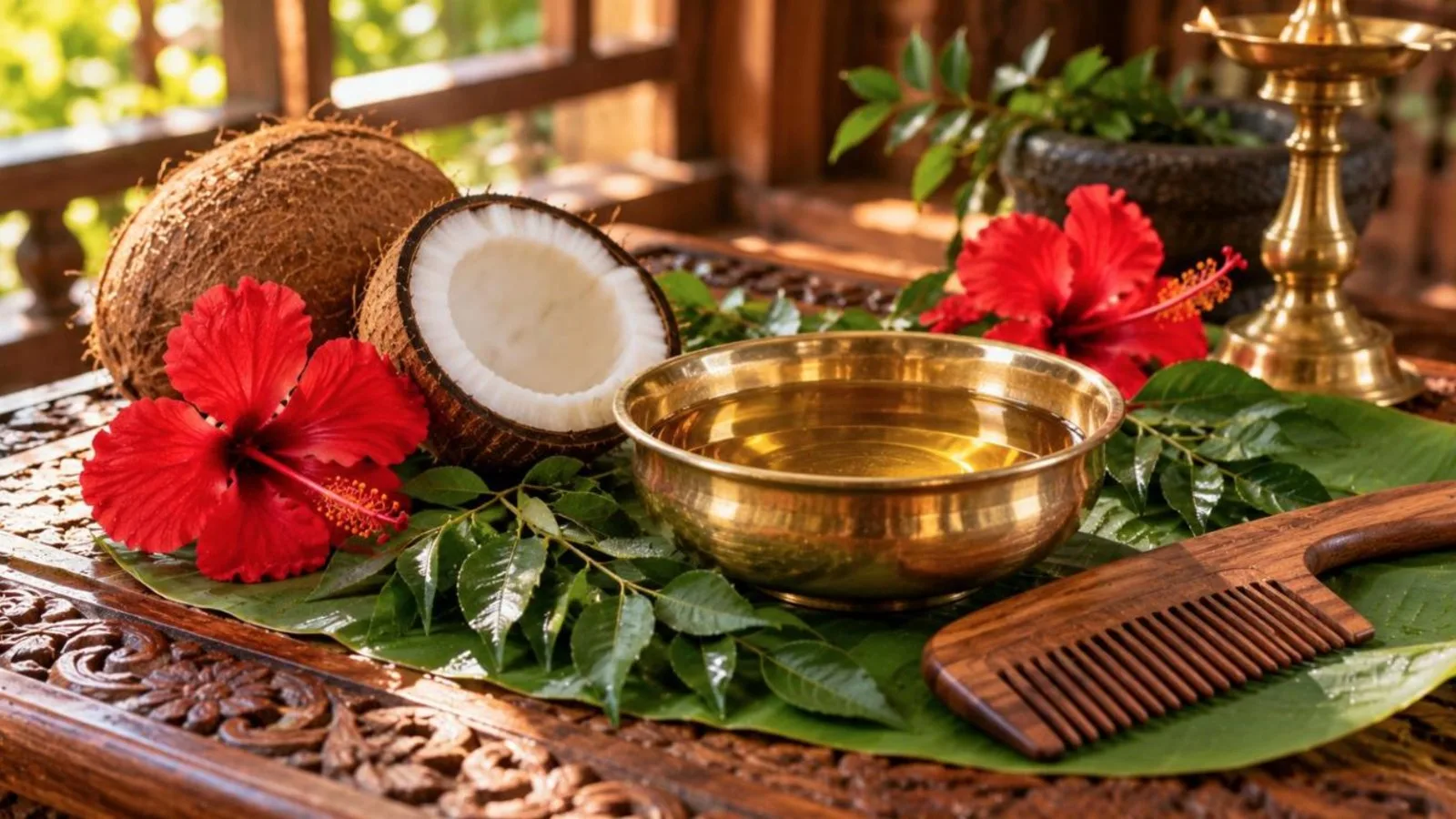 Brass bowl of coconut oil with halved coconut, hibiscus flowers and curry leaves on a wooden surface