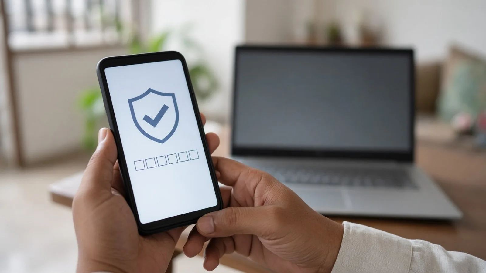 Smartphone showing a shield with a tick above six code boxes, a laptop in the background