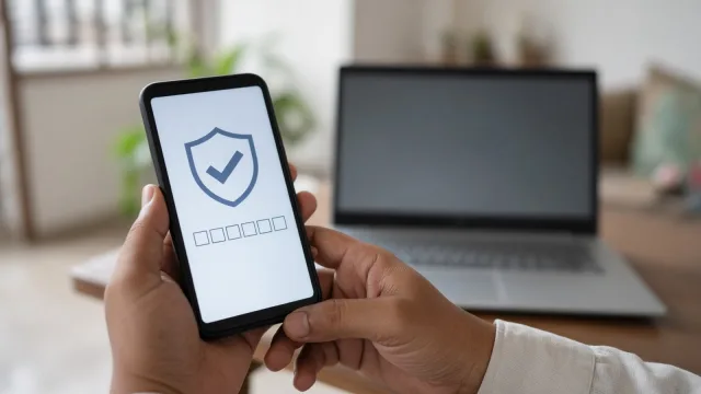 Smartphone showing a shield with a tick above six code boxes, a laptop in the background
