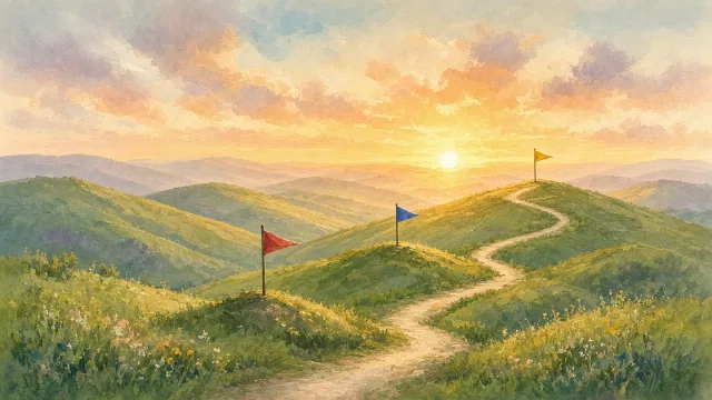 Editorial illustration of a winding path leading to three milestone flags on gentle hills