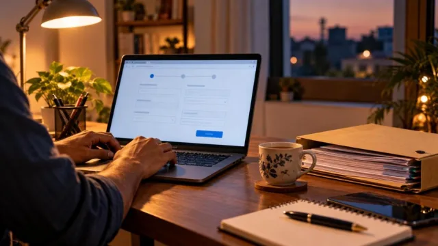 A person filling an online form on a laptop at a home desk with tea and a document folder