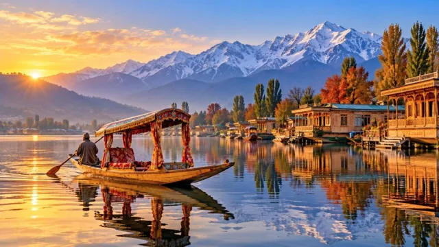 Shikara on Dal Lake in Srinagar with houseboats and snow-capped mountains