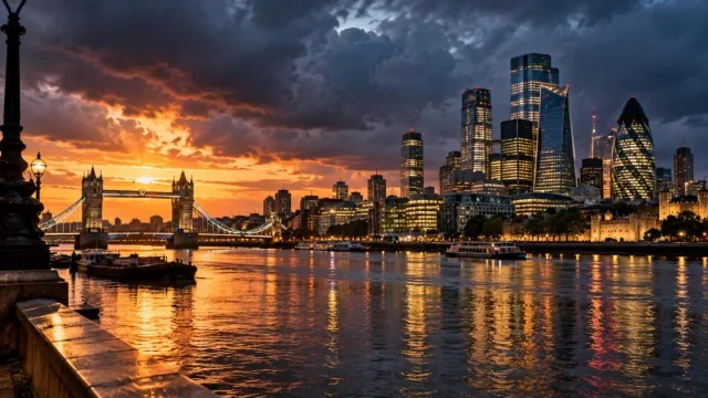 River Thames at dusk with lit financial district skyscrapers under dramatic stormy clouds