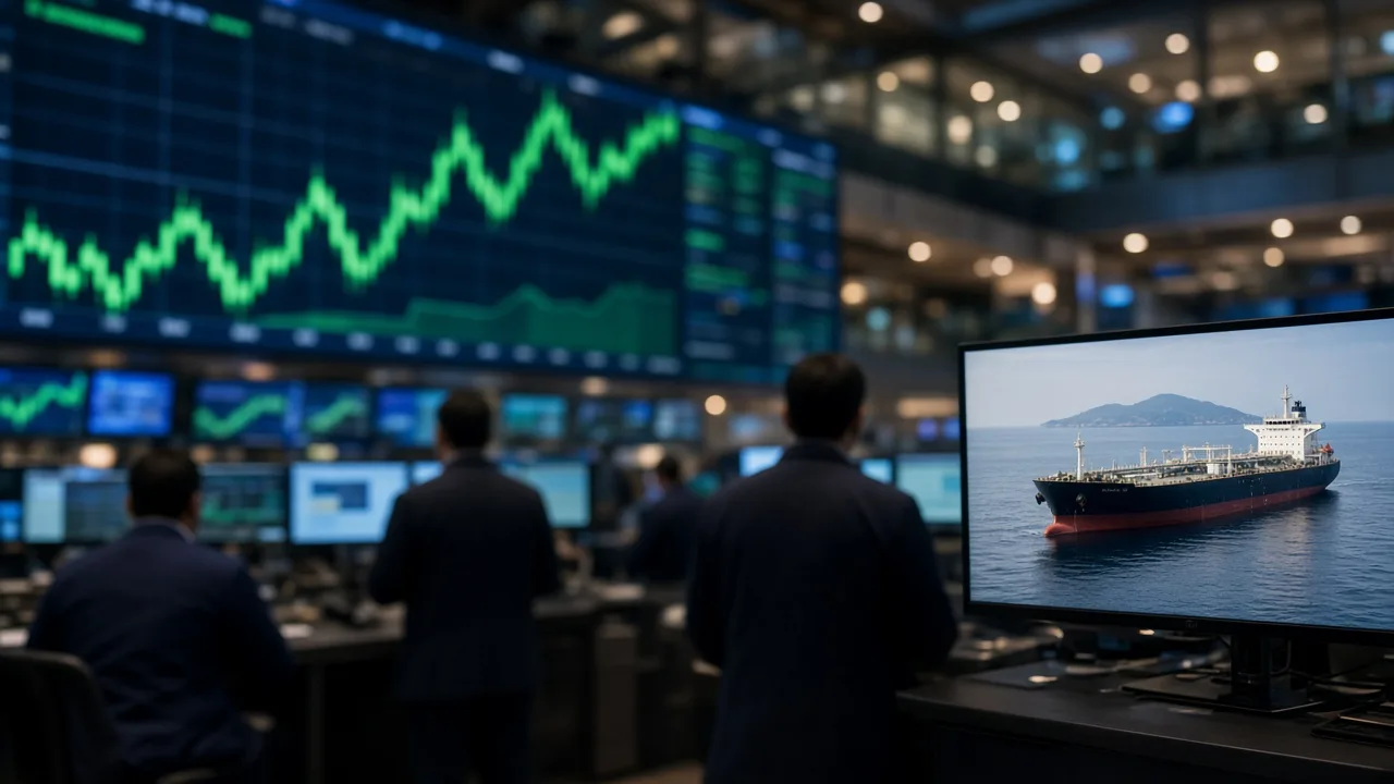 Trading screens showing green market charts on a Mumbai trading floor, illustrating the Sensex and Nifty rally