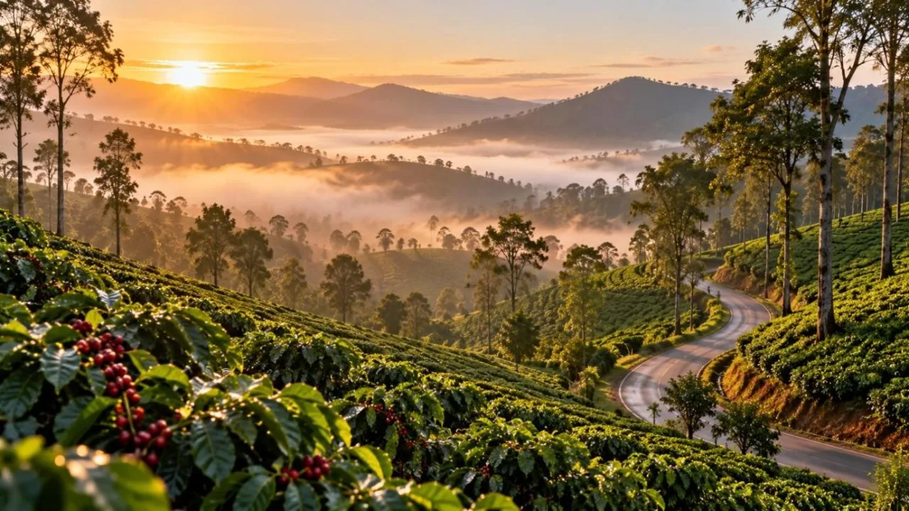 Misty coffee plantations on rolling hills of Coorg at sunrise