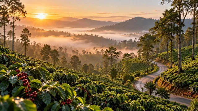 Misty coffee plantations on rolling hills of Coorg at sunrise