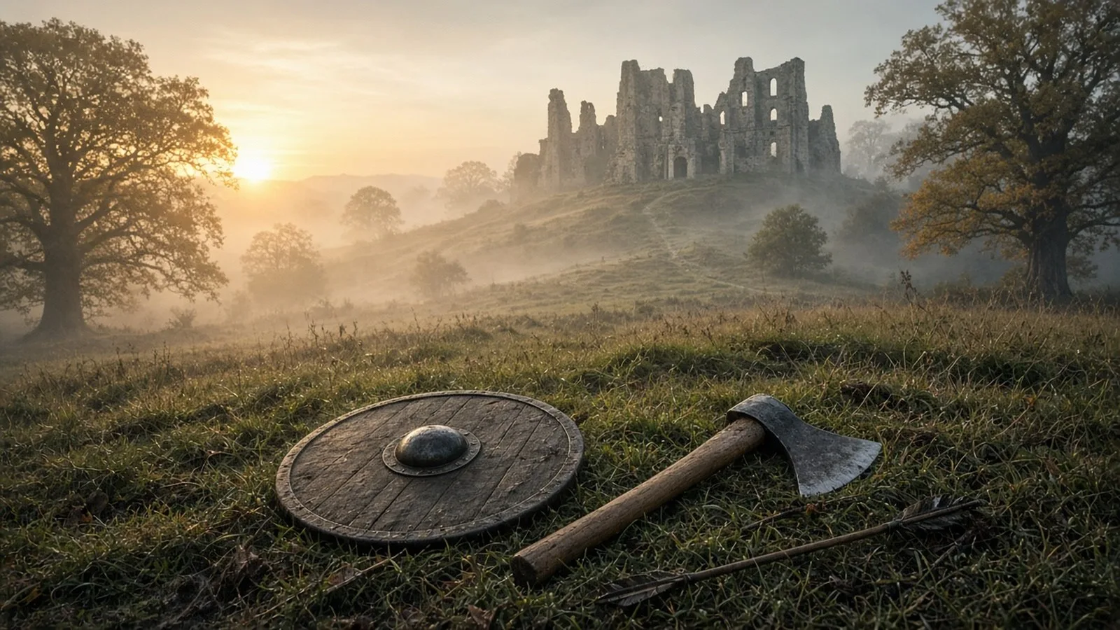 A misty grassy slope at dawn rising to ruined abbey walls, with an abandoned round shield, a long-handled axe and broken arrows on the wet grass, evoking the Battle of Hastings