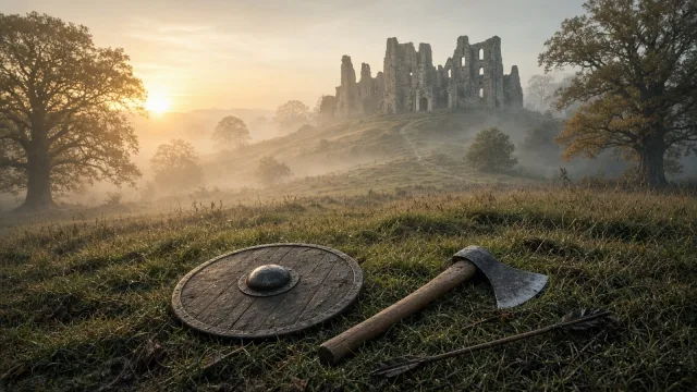 A misty grassy slope at dawn rising to ruined abbey walls, with an abandoned round shield, a long-handled axe and broken arrows on the wet grass, evoking the Battle of Hastings
