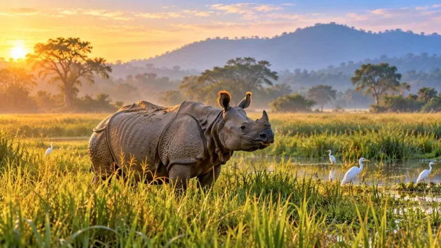 Greater one-horned rhinoceros grazing in the tall grasslands of Kaziranga National Park