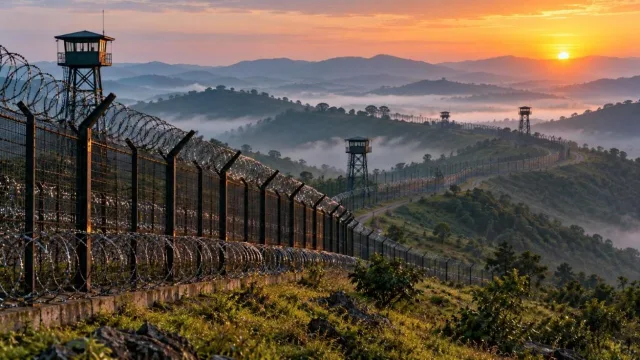 A border fence with barbed wire and watchtowers stretching across misty hills at dawn