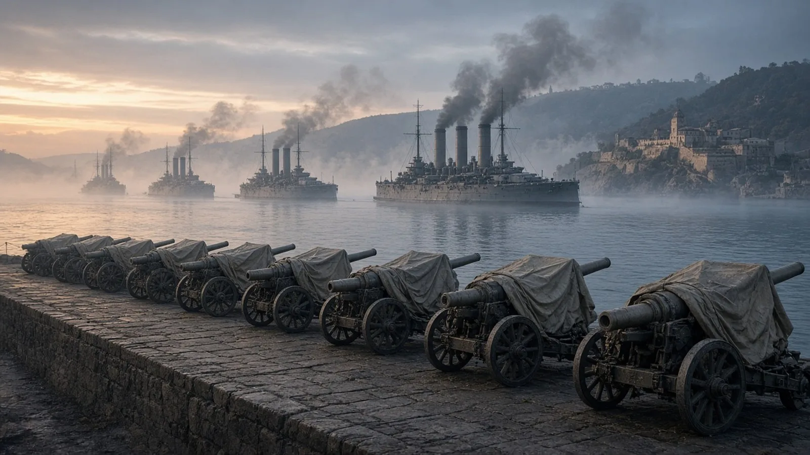 A calm European naval harbour at dawn in the years before 1914, with grey dreadnought battleships at anchor trailing coal smoke through the mist, fortified hills in the distance and a long row of fiel