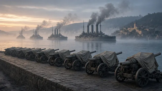 A calm European naval harbour at dawn in the years before 1914, with grey dreadnought battleships at anchor trailing coal smoke through the mist, fortified hills in the distance and a long row of fiel