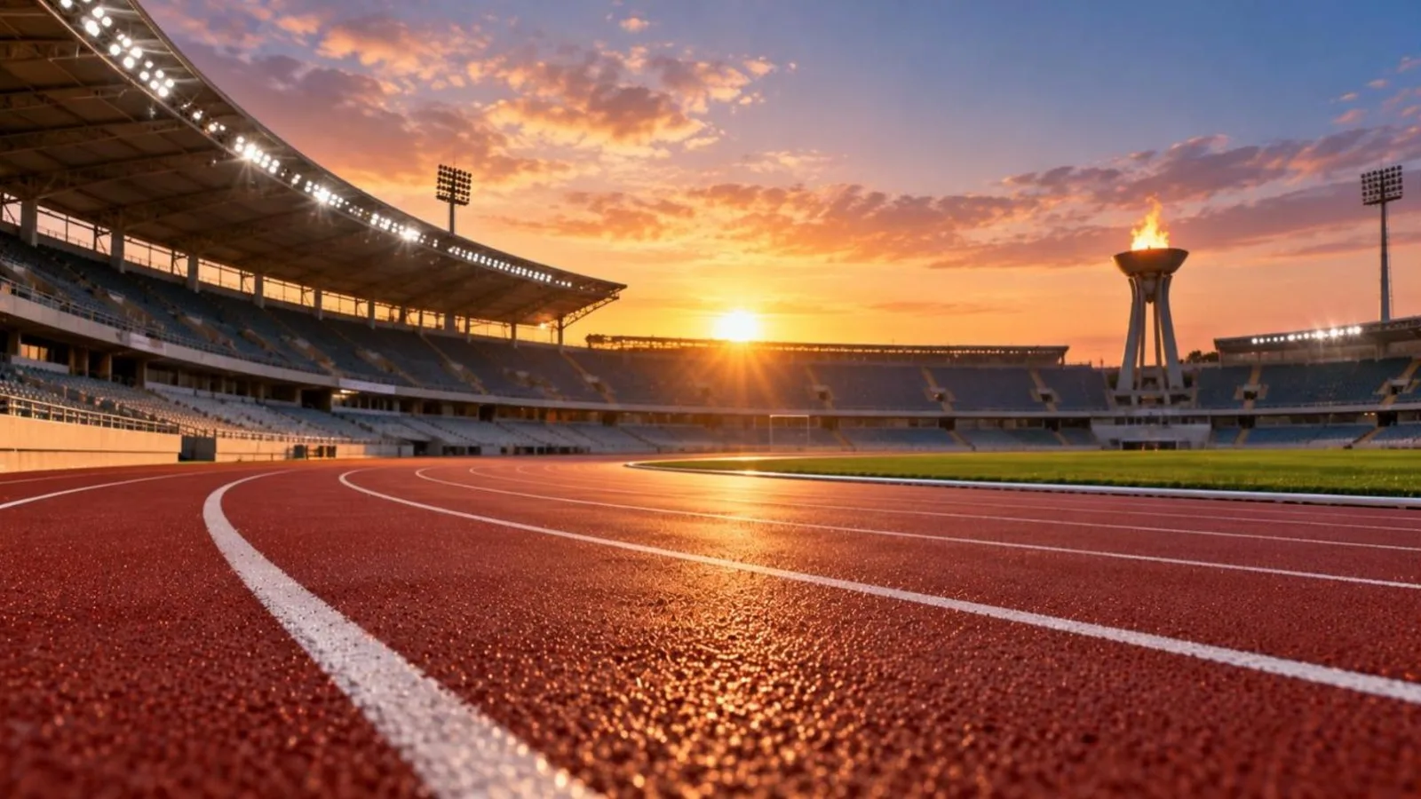 An empty athletics stadium at sunset with a red running track, lane lines and a lit cauldron