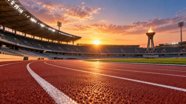 An empty athletics stadium at sunset with a red running track, lane lines and a lit cauldron