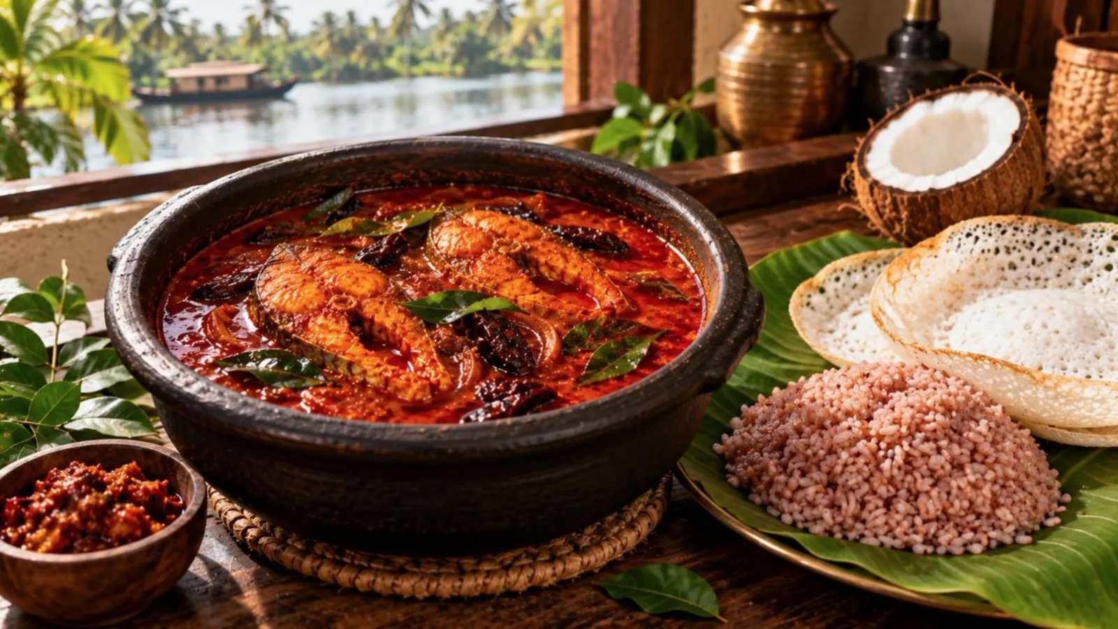 Red Kerala fish curry in a black clay pot with curry leaves, red rice, appam and coconut on banana leaf